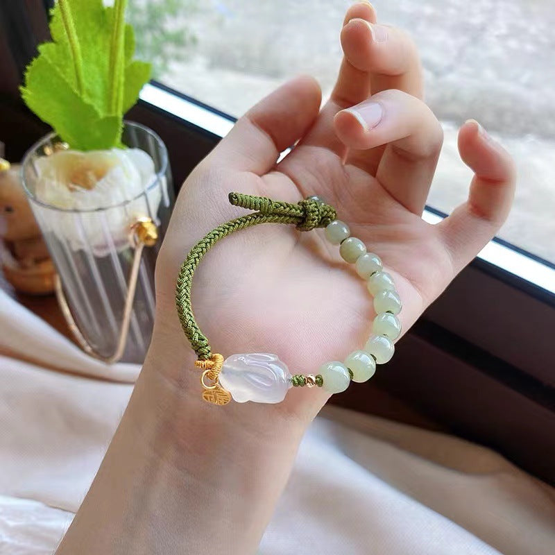 Lucky Rabbit • Braided Rope Emerald Jade Stone Bracelet
