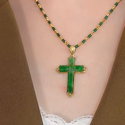 Cross Emerald Jade stone necklace