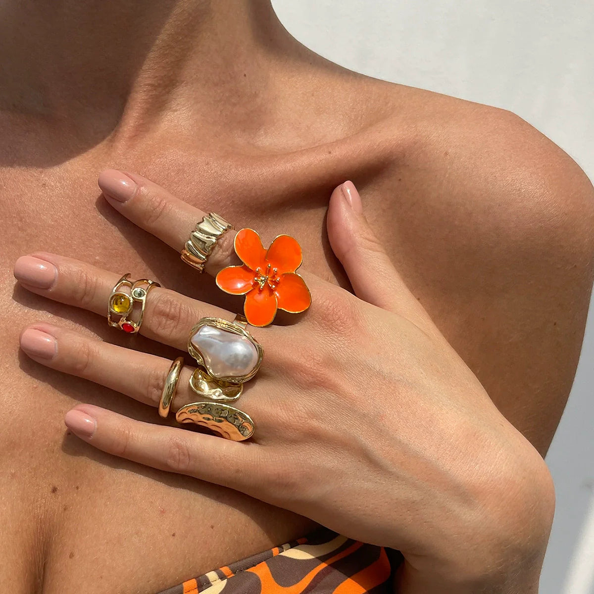 "Bloom & Pearl" Retro Gold Ring Set（6 Pieces）