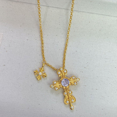 Vintage Cross  Lavender Crystal Necklace