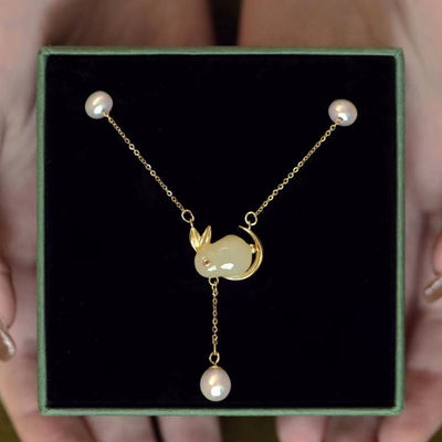 Pearl Moon Rabbit Emerald Jade Stone Necklace