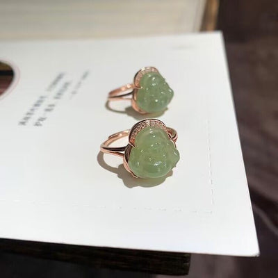 Carved Maitreya Buddha Emerald Jade Stone Ring