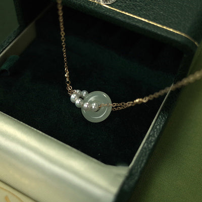 Gentle Double Ring Emerald Jade stone & Pearl Neckl