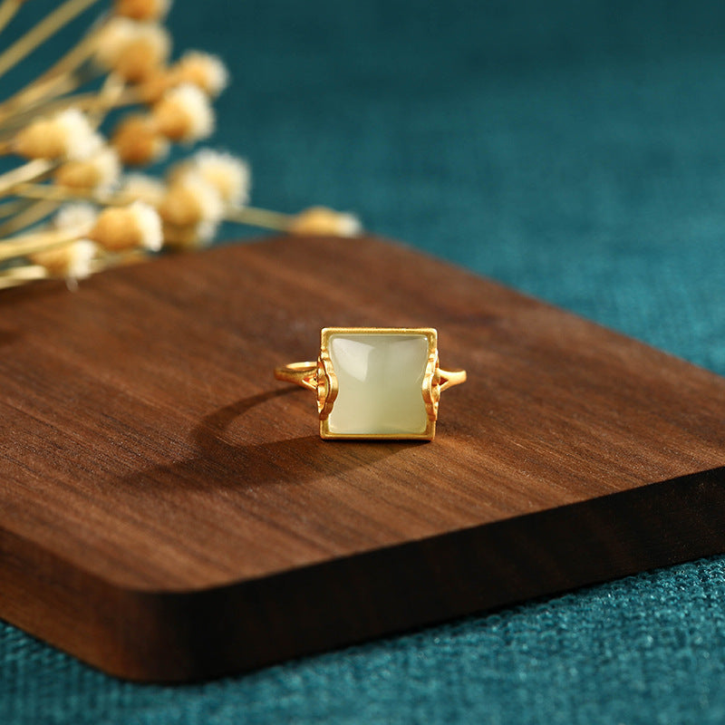 Square Auspicious Cloud Emerald Jade Stone Ring