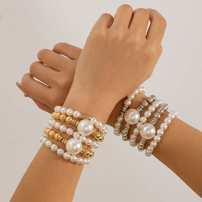 18K Gold & 925 Silver Pearl Layered Bracelet Sets