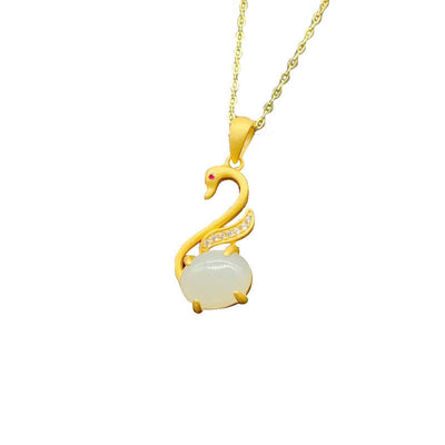 Gold Swan Emerald Jade Stone Necklace