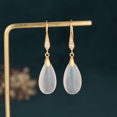 18K Gold White Jade Teardrop Earrings