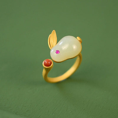 Cute Jade Rabbit Emerald Jade Stone Ring