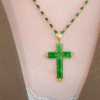 Cross Emerald Jade stone necklace