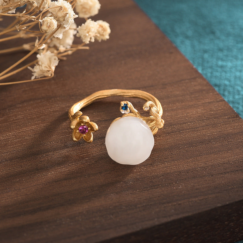 Lotus Emerald Jade Stone Ring
