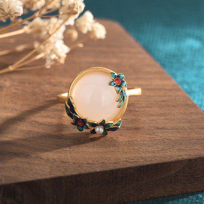 Pearl Flower Inlaid Emerald Jade Stone Ring