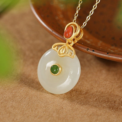 Safety clasp • Natural red agate & Emerald jade stone necklace