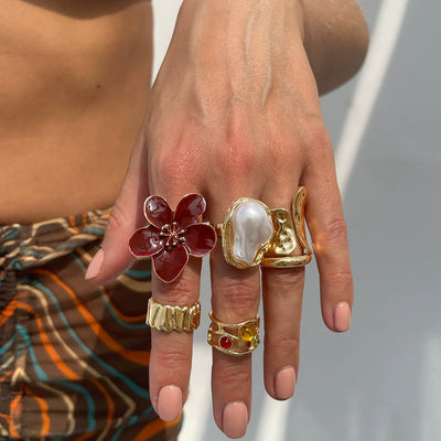 "Bloom & Pearl" Retro Gold Ring Set（6 Pieces）