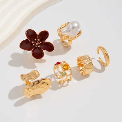 "Bloom & Pearl" Retro Gold Ring Set（6 Pieces）
