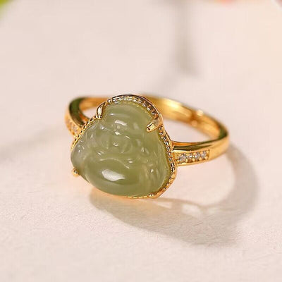 Carved Maitreya Buddha Emerald Jade Stone Ring