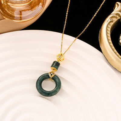 Emerald jade stone lucky buckle pendant Necklace