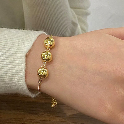 18K Gold Round Bead Necklace & Bracelet & Earrings