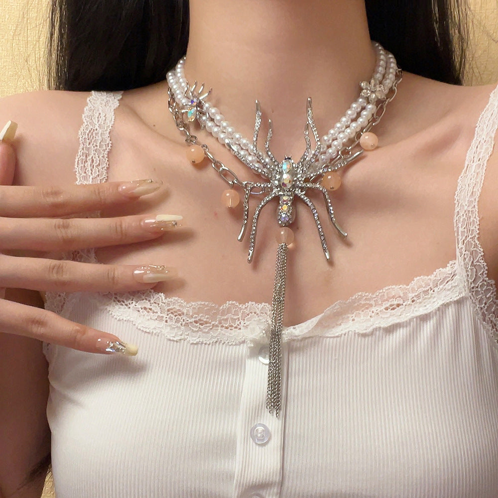 Double Pearl Long Tassel Spider Necklace