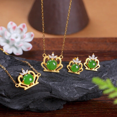 Diamond Crown Emerald Jade Stone Pendant Earrings