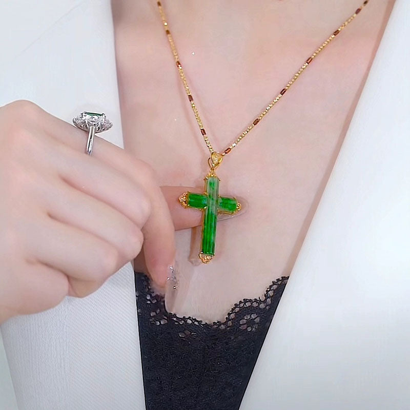 Cross Emerald Jade stone necklace