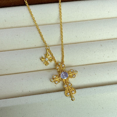 Vintage Cross  Lavender Crystal Necklace