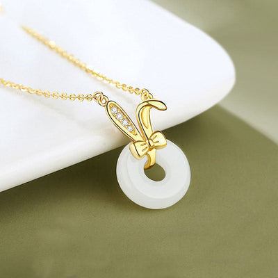 Rabbit Ears Bow Emerald Jade Stone Necklace