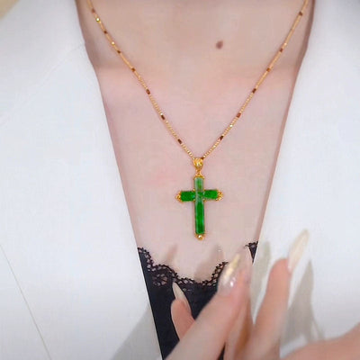 Cross Emerald Jade stone necklace
