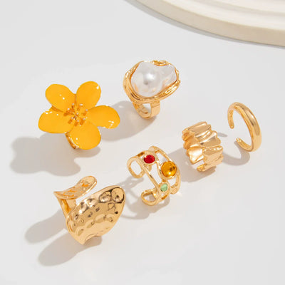 "Bloom & Pearl" Retro Gold Ring Set（6 Pieces）