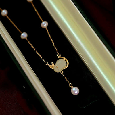Pearl Moon Rabbit Emerald Jade Stone Necklace