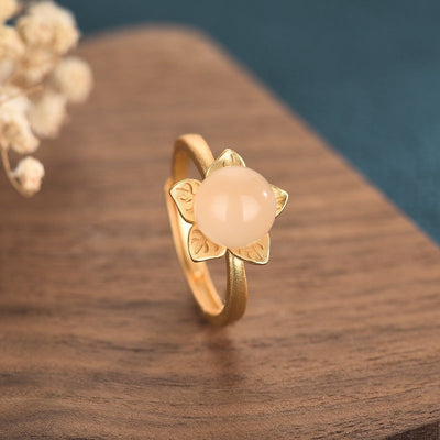 Five-petal flower inlaid Emerald Jade Stone ring
