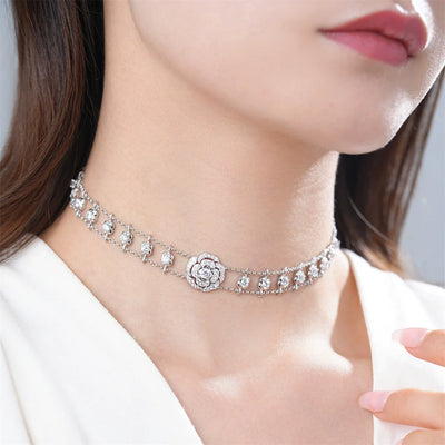 Camellia S925 Silver Diamond Necklace & Bracelet & Earrings