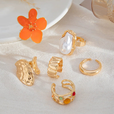 "Bloom & Pearl" Retro Gold Ring Set（6 Pieces）