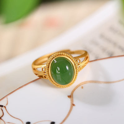 Egg-Shaped Emerald Jade Stone Cutout Ring