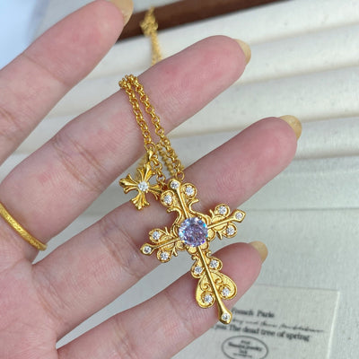 Vintage Cross  Lavender Crystal Necklace