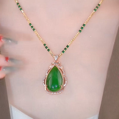 Drop Shape Emerald Jade Stone Pendant Necklace