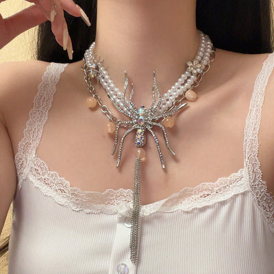 Double Pearl Long Tassel Spider Necklace