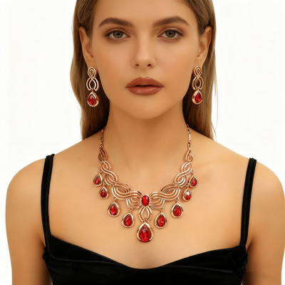 Teardrop Red Crystal Rose Gold Necklace & Earrings Set