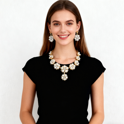18K Gold Pearl & Diamond Cluster Necklace & Earring Set