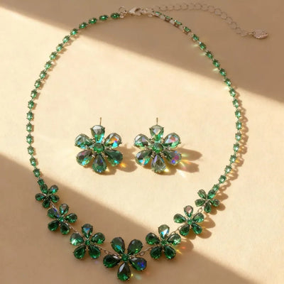 Green Crystal Flower Necklace & Earrings Set