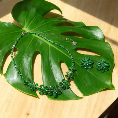 Green Crystal Flower Necklace & Earrings Set