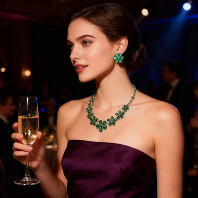 Green Crystal Flower Necklace & Earrings Set