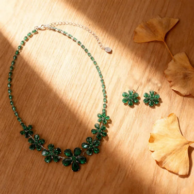 Green Crystal Flower Necklace & Earrings Set