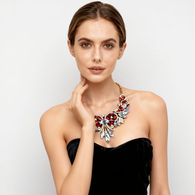 Rainbow Red Crystal & Diamond Necklace