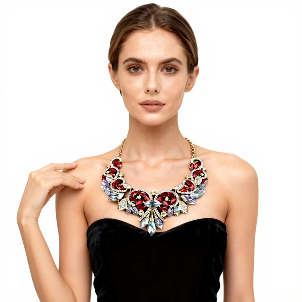 Rainbow Red Crystal & Diamond Necklace