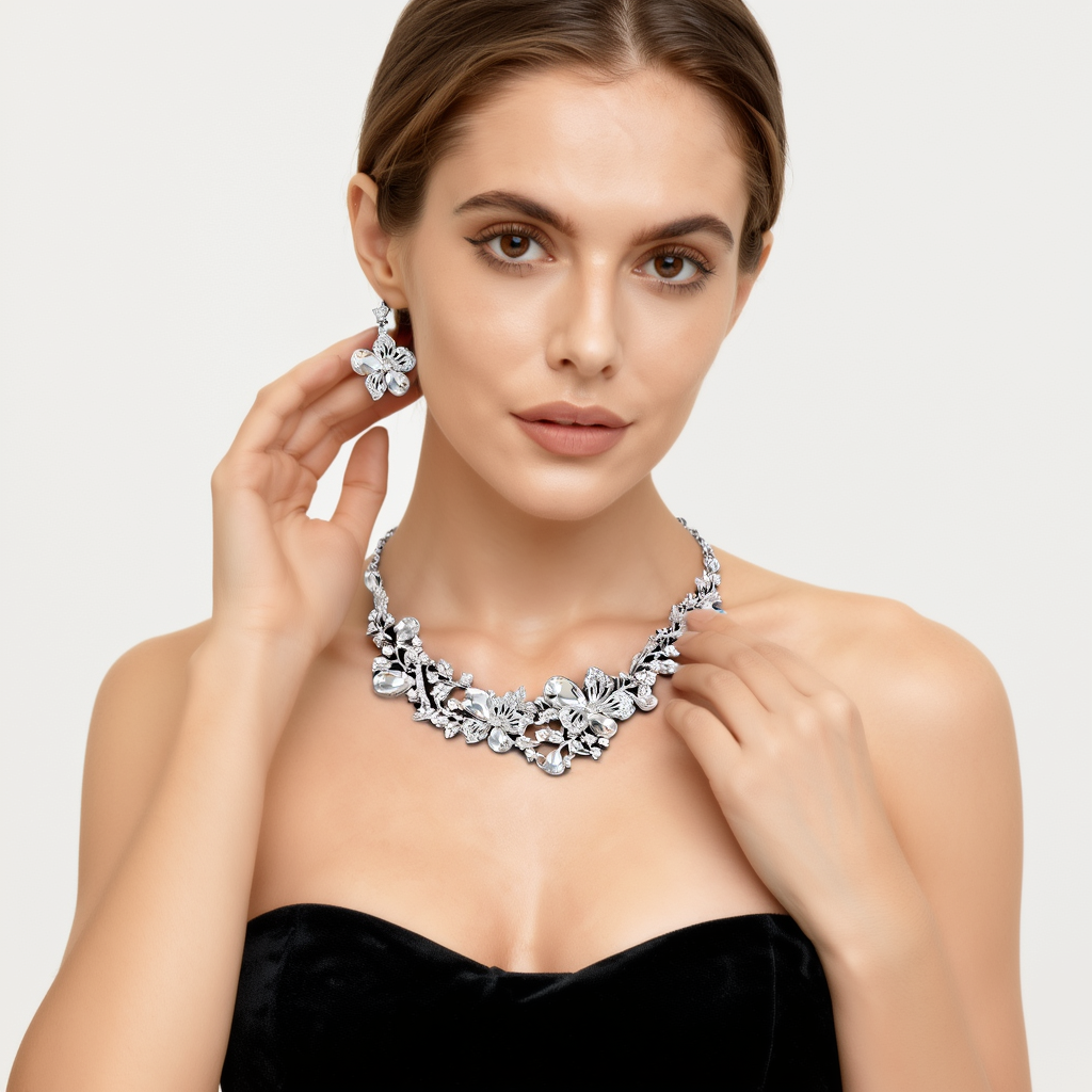 925 Silver Clear Crystal Flower Necklace & Earring Set