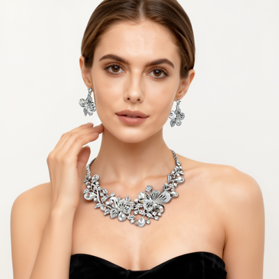 925 Silver Clear Crystal Flower Necklace & Earring Set